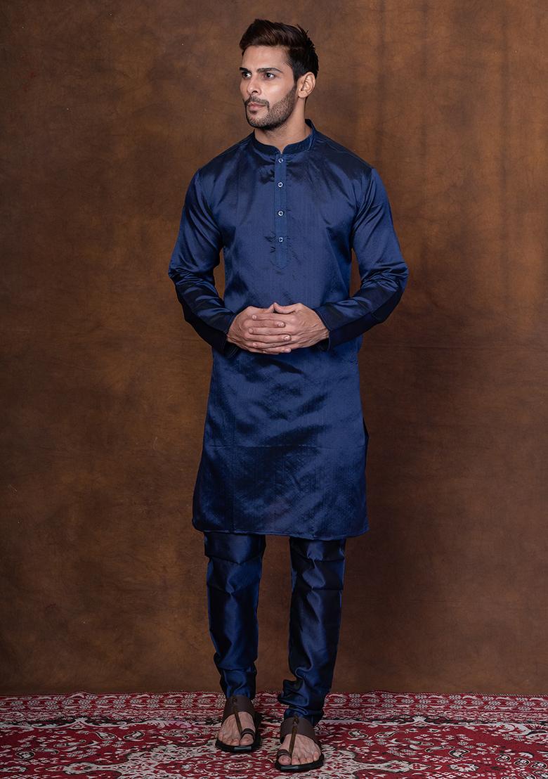 Navy Blue Solid Blended Kurta For Men - Indya