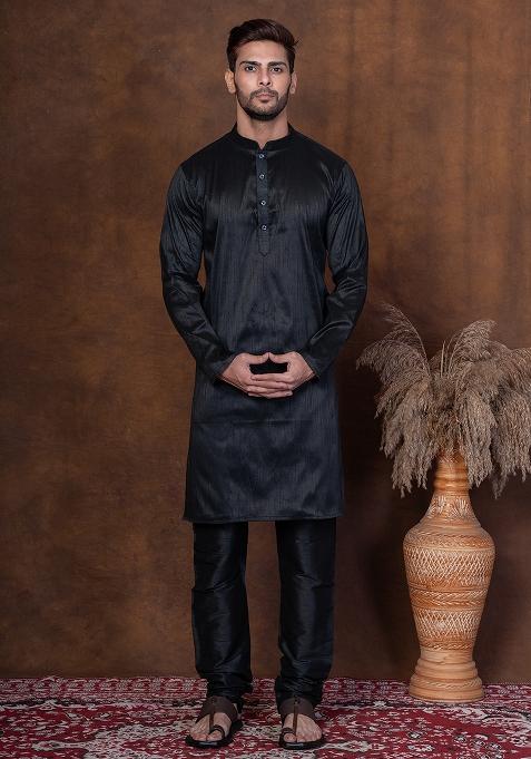 Black Solid Blended Kurta For Men
