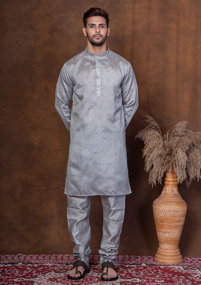 Grey Solid Blended Kurta For Men - Indya