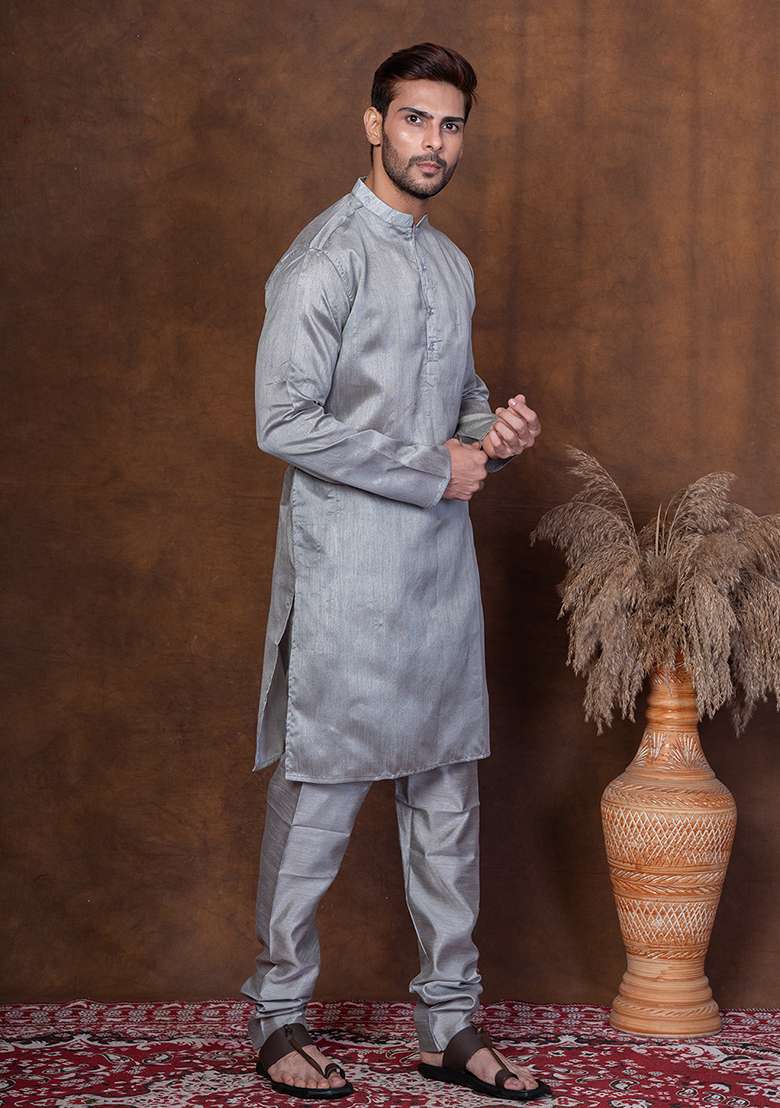 Grey Solid Blended Kurta For Men - Indya