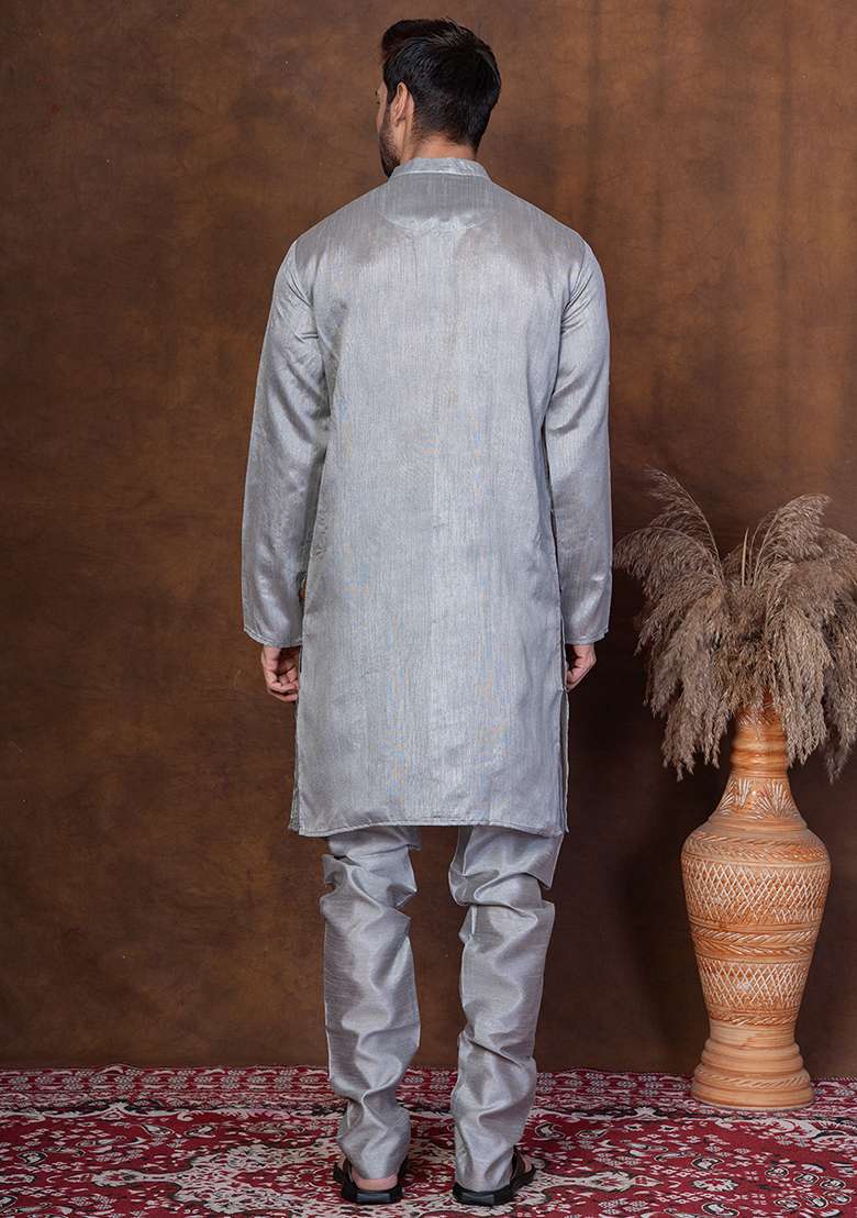 Grey Solid Blended Kurta For Men - Indya