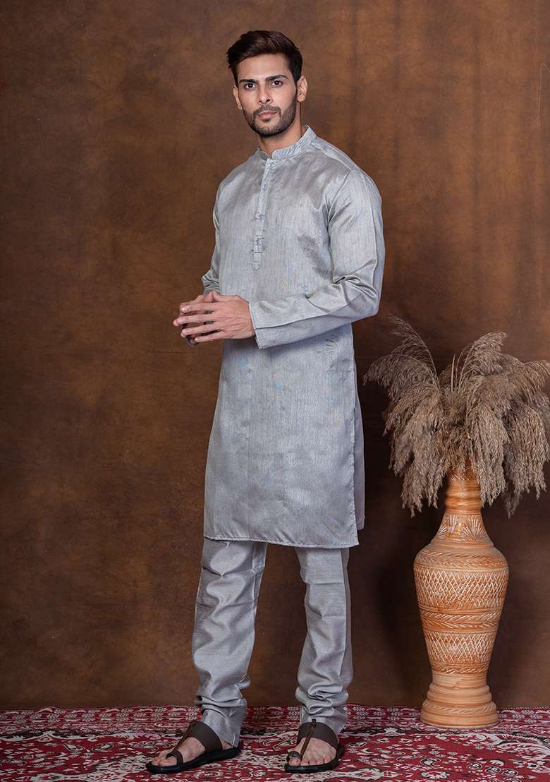 Grey Solid Blended Kurta For Men - Indya