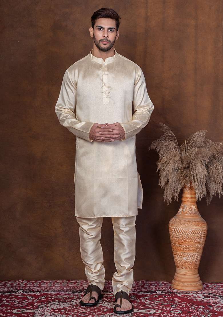 Grey Solid Blended Kurta For Men - Indya