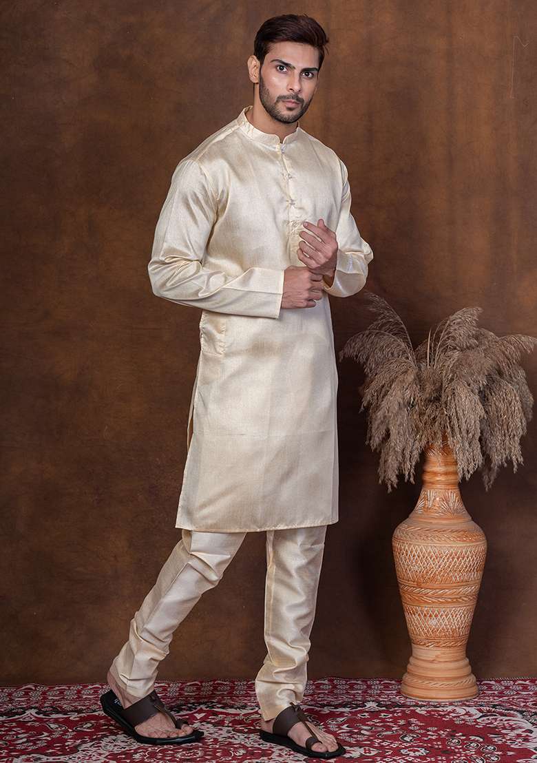 Grey Solid Blended Kurta For Men - Indya