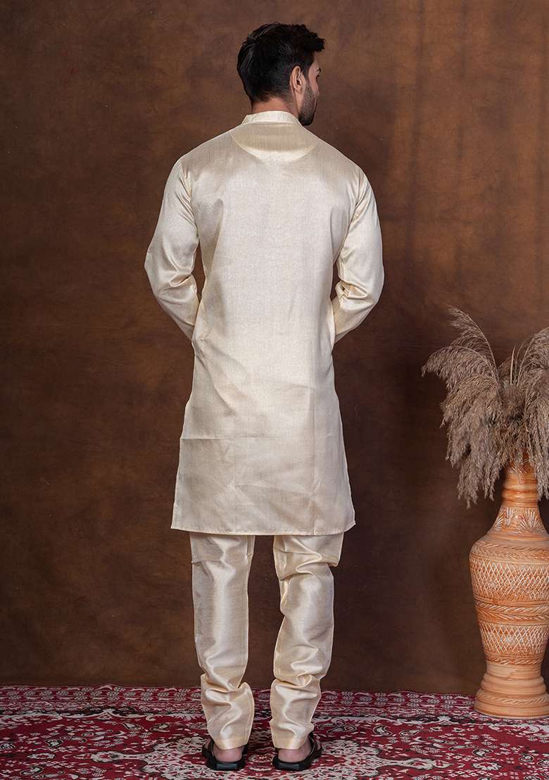 Grey Solid Blended Kurta For Men - Indya