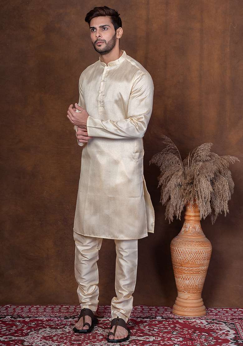 Grey Solid Blended Kurta For Men - Indya