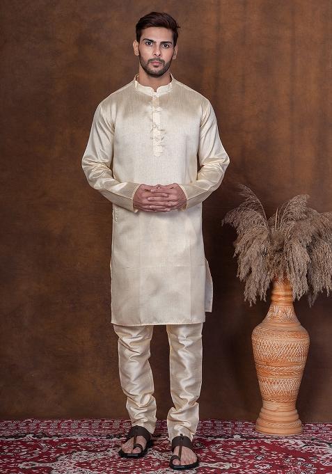 Grey Solid Blended Kurta For Men