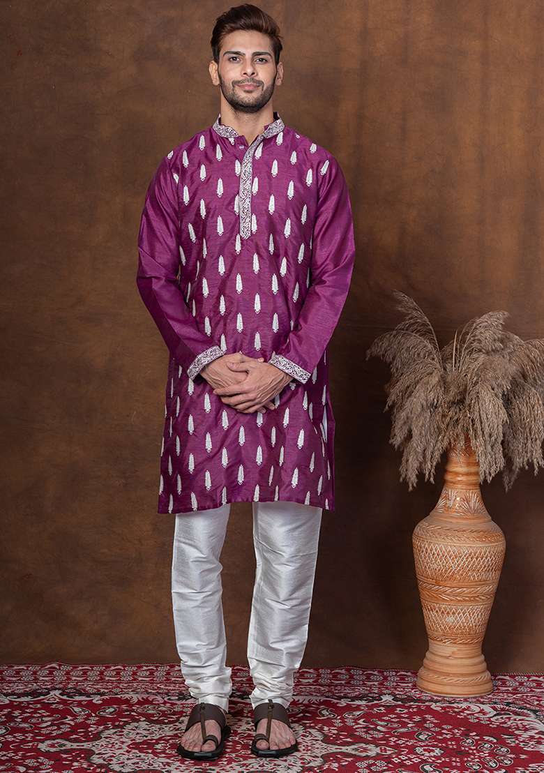 Purple Embroidered Blended Kurta For Men - Indya
