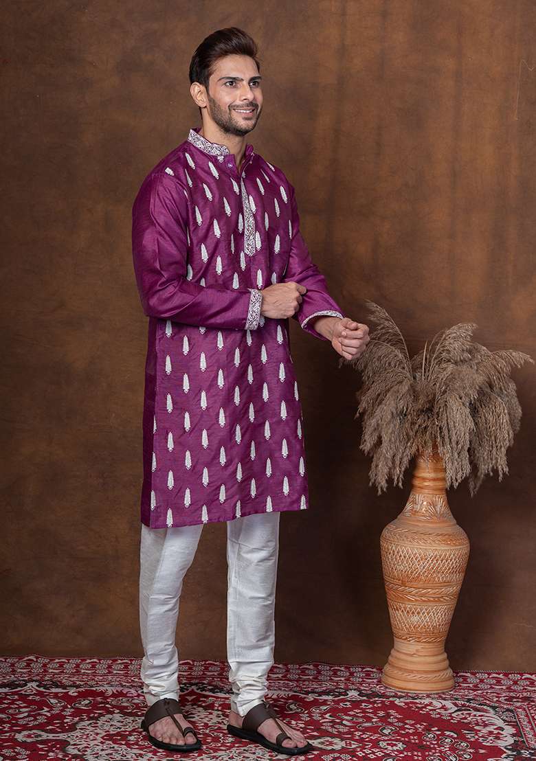 Purple Embroidered Blended Kurta For Men - Indya
