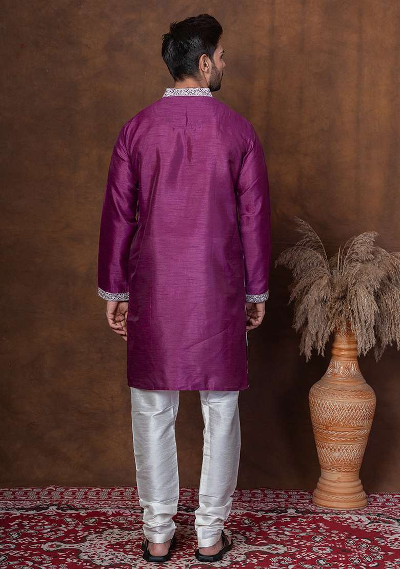 Purple Embroidered Blended Kurta For Men - Indya