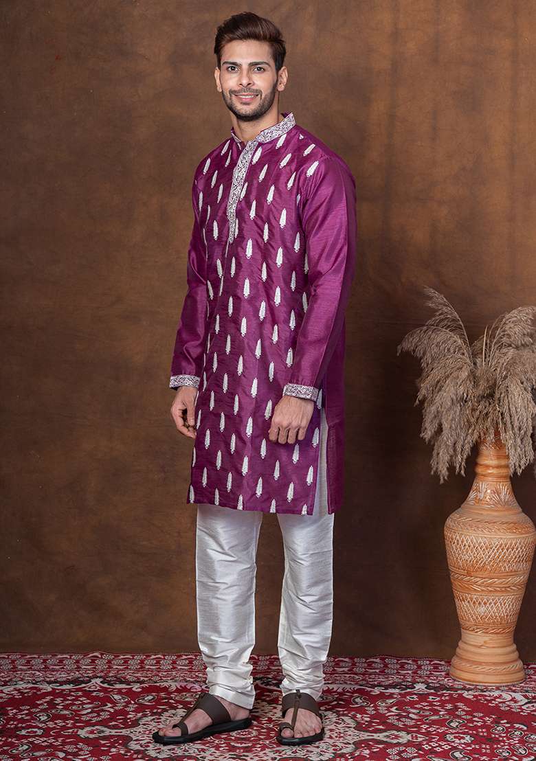 Purple Embroidered Blended Kurta For Men - Indya