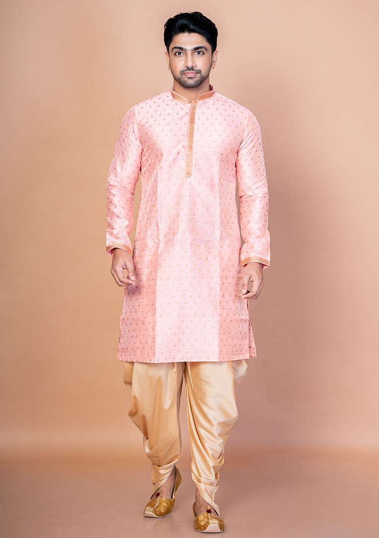 Pink Embroidered Blended Kurta For Men - Indya
