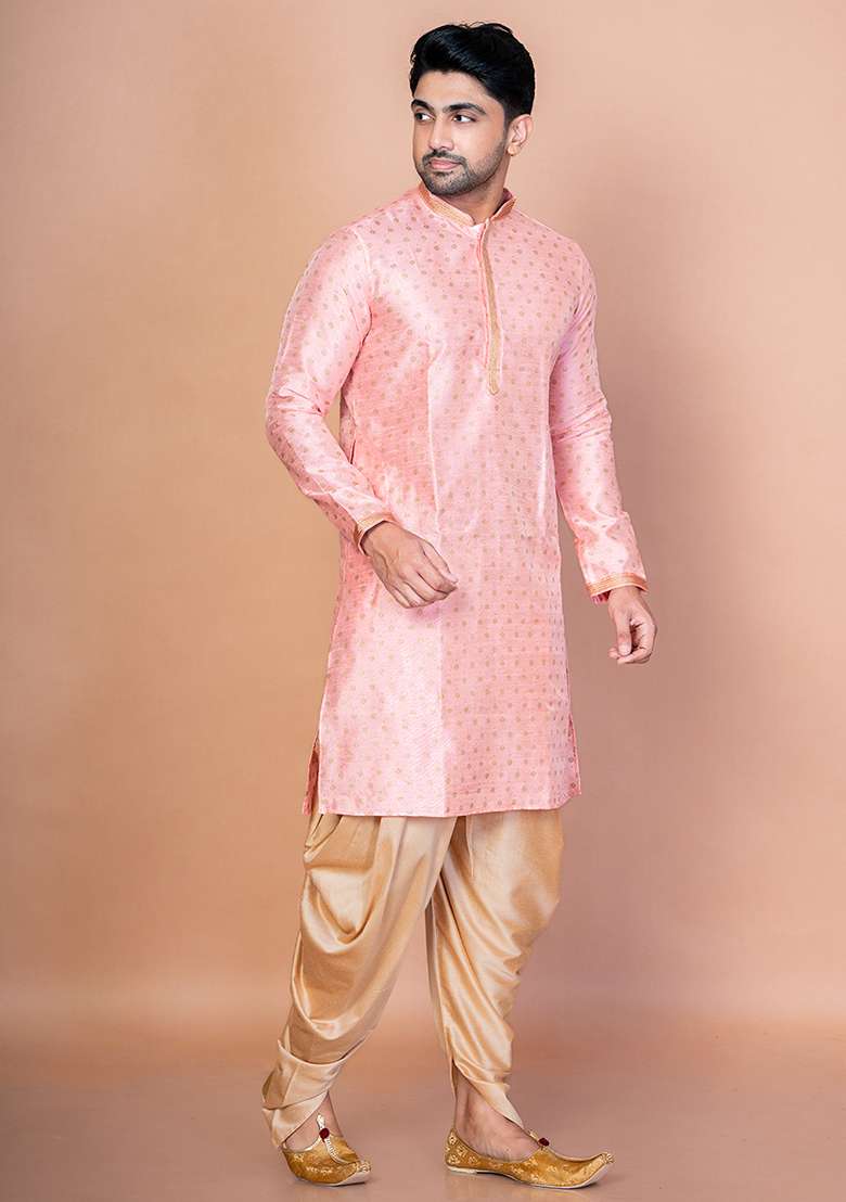 Pink Embroidered Blended Kurta For Men - Indya