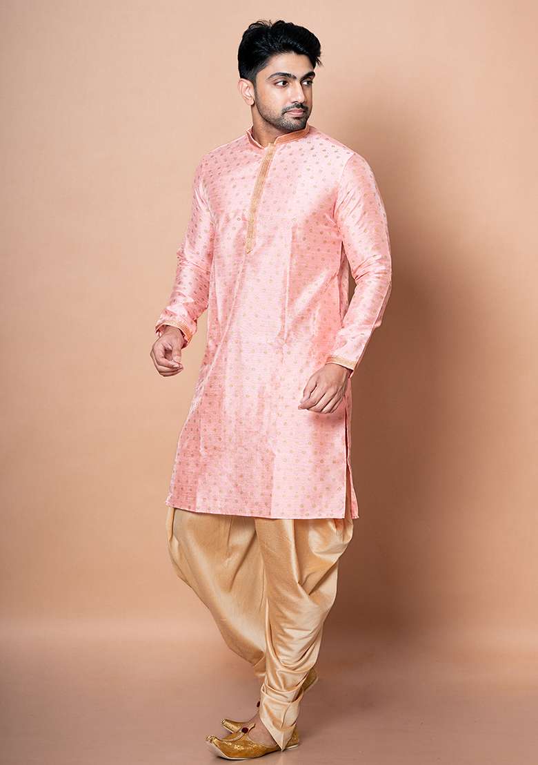 Pink Embroidered Blended Kurta For Men - Indya