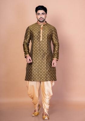 Green Embroidered Blended Kurta For Men