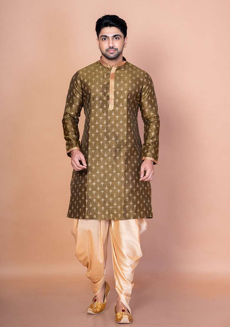 Green Embroidered Blended Kurta For Men - Indya