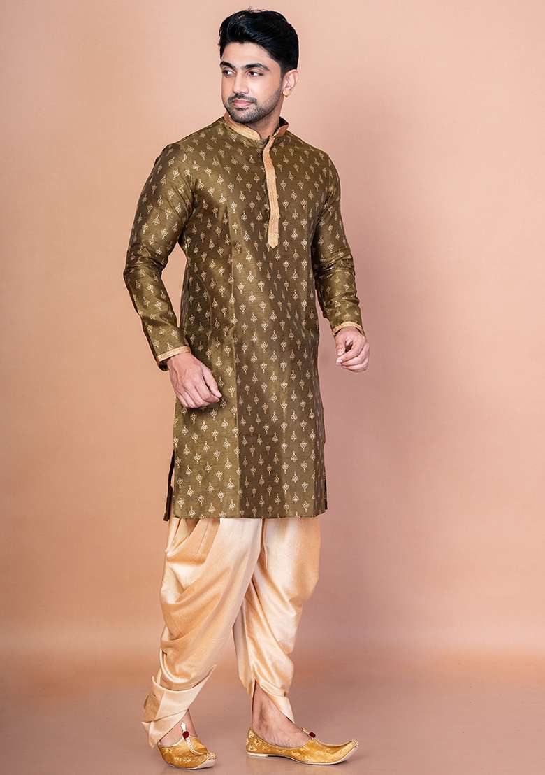 Green Embroidered Blended Kurta For Men - Indya