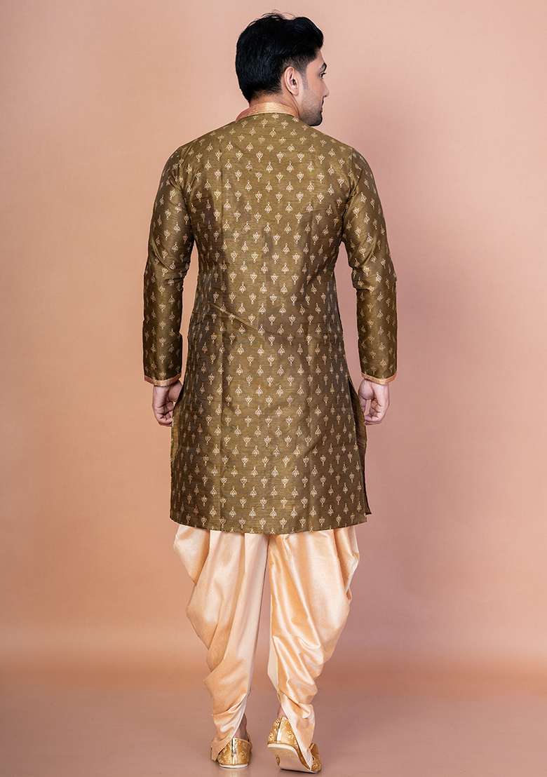 Green Embroidered Blended Kurta For Men - Indya