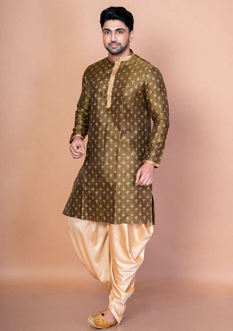 Green Embroidered Blended Kurta For Men - Indya