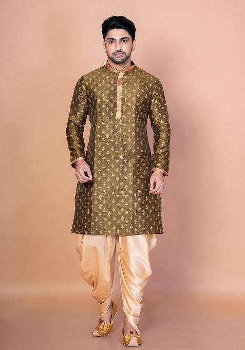 Green Embroidered Blended Kurta For Men — view on Indya