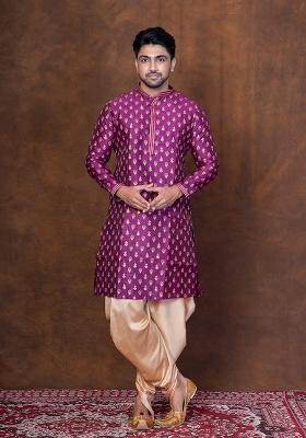 Purple Embroidered Blended Kurta For Men