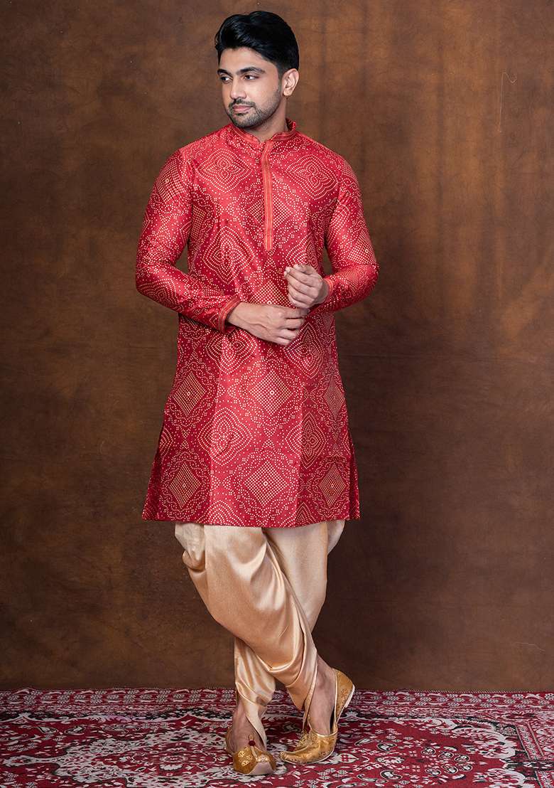 Red Embroidered Blended Kurta For Men - Indya