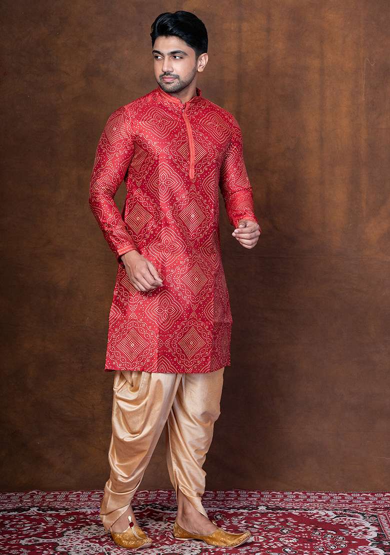 Red Embroidered Blended Kurta For Men - Indya