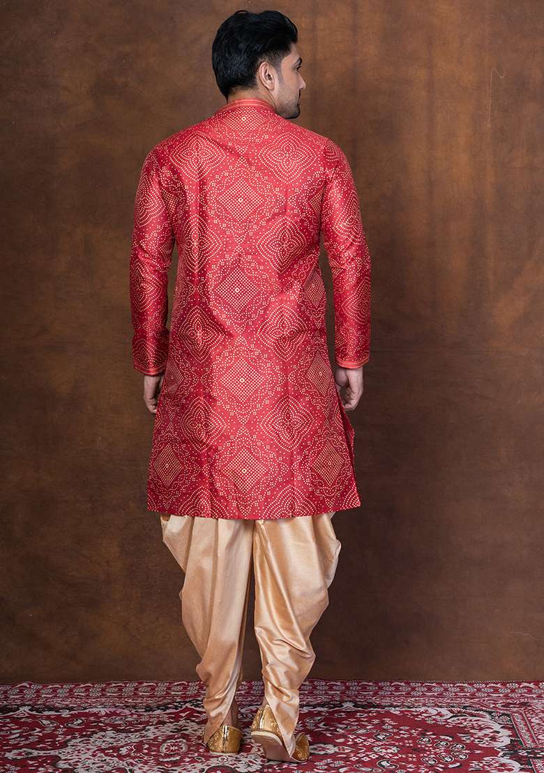 Red Embroidered Blended Kurta For Men - Indya