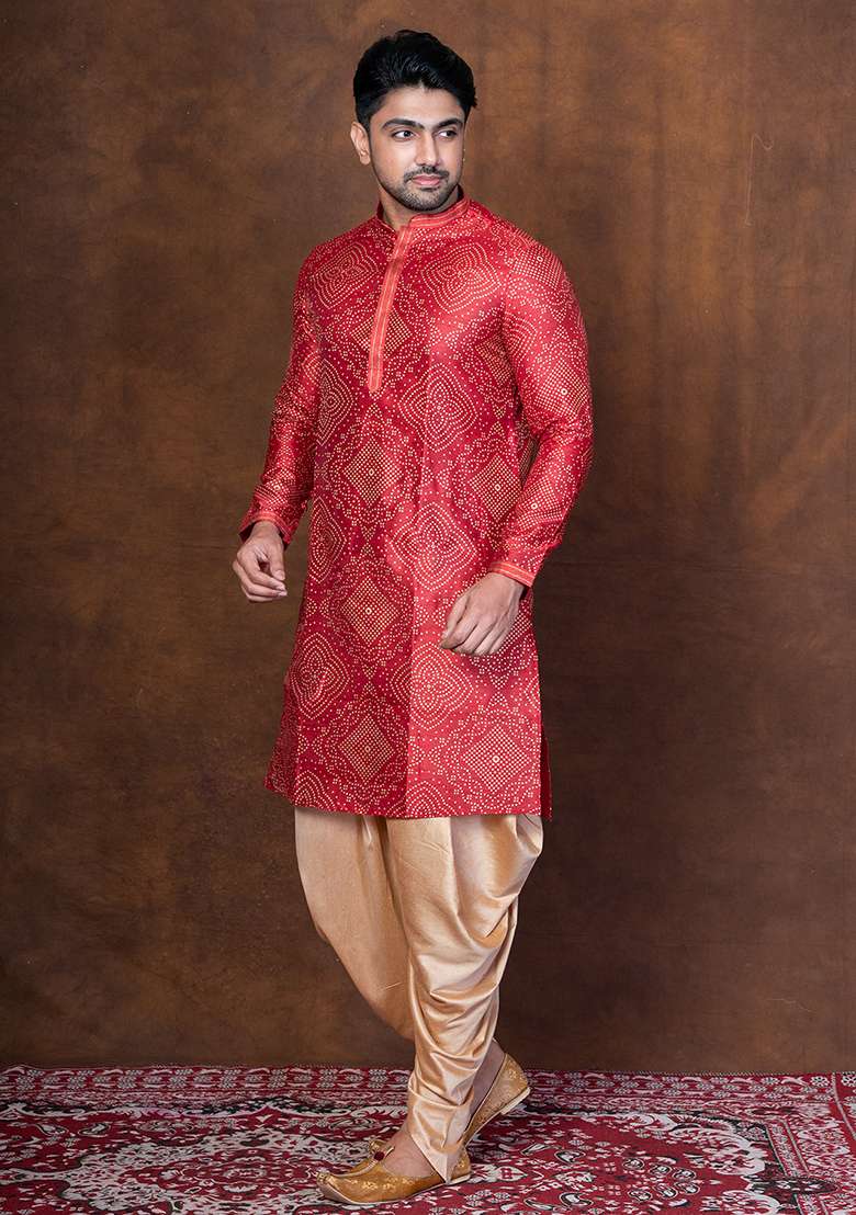 Red Embroidered Blended Kurta For Men - Indya