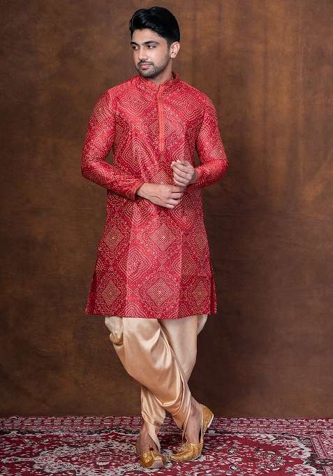 Red Embroidered Blended Kurta For Men