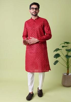 Maroon Printed Cotton Kurta For Men