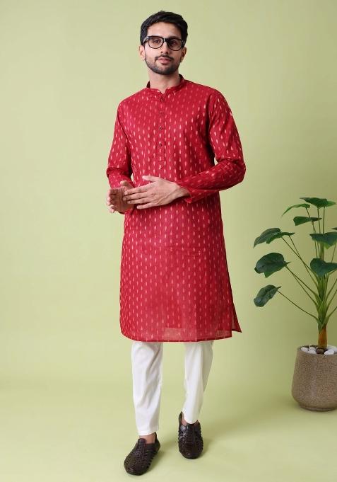 Maroon Printed Cotton Kurta For Men