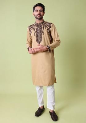 Beige Embroidered Cotton Kurta For Men