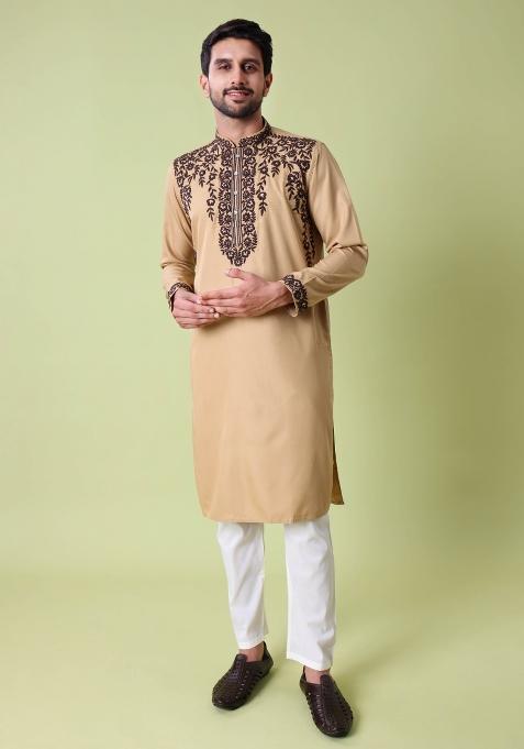 Beige Embroidered Cotton Kurta For Men