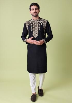 Black Embroidered Cotton Kurta For Men