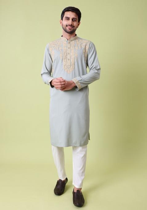Grey Embroidered Cotton Kurta For Men