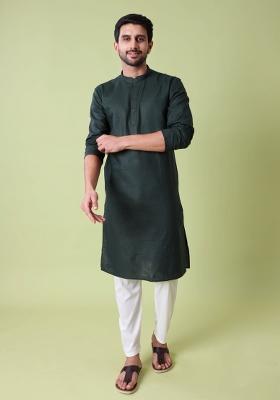 Green Solid Cotton Kurta For Men