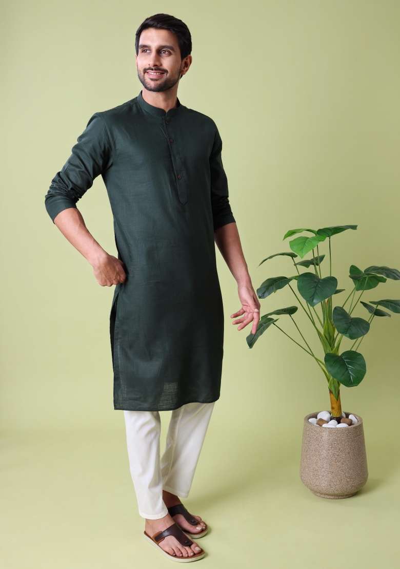 Green Solid Cotton Kurta For Men - Indya