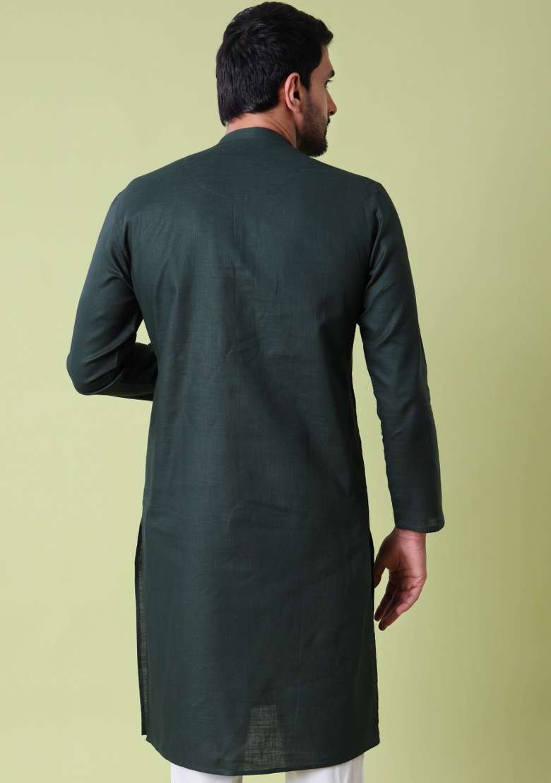 Green Solid Cotton Kurta For Men - Indya