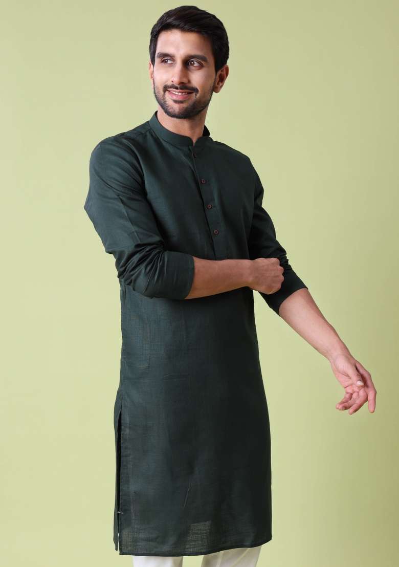 Green Solid Cotton Kurta For Men - Indya