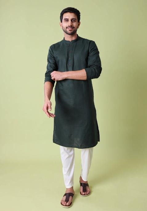 Green Solid Cotton Kurta For Men