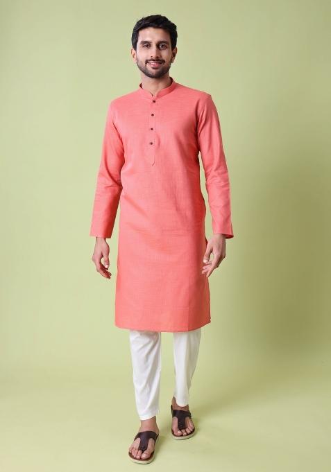 Peach Solid Cotton Kurta For Men