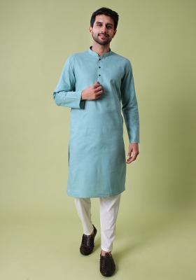 Sea Green Solid Cotton Kurta For Men