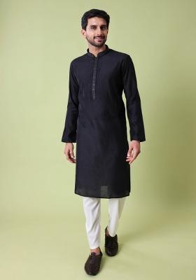 Black Solid Cotton Silk Kurta For Men
