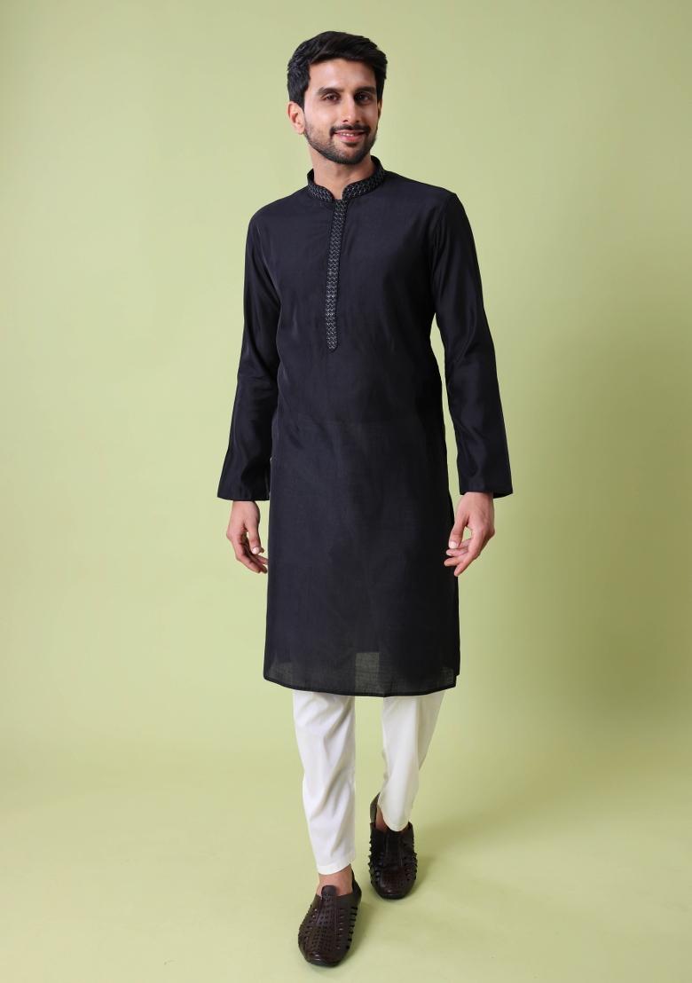 Black Solid Cotton Silk Kurta For Men