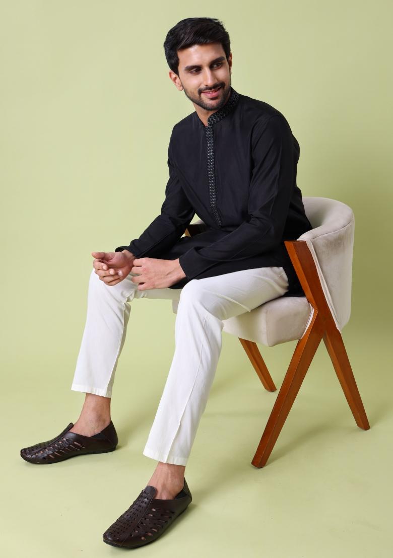 Black Solid Cotton Silk Kurta For Men