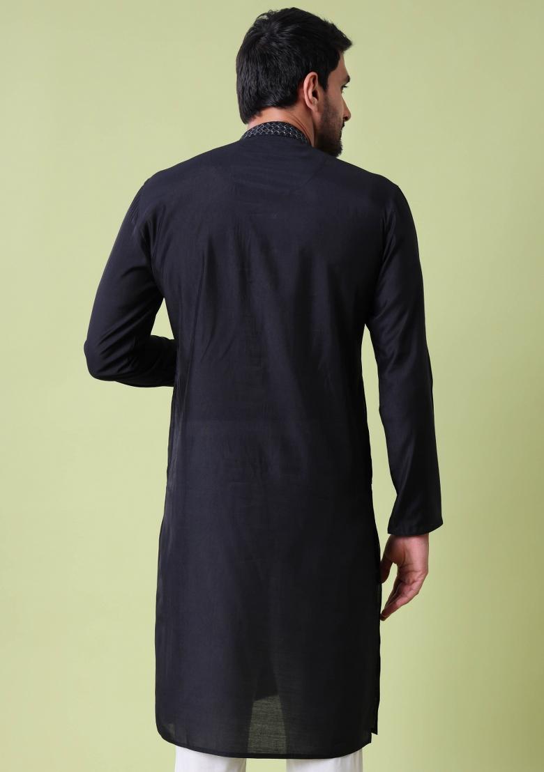 Black Solid Cotton Silk Kurta For Men