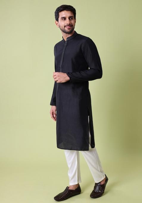 Black Solid Cotton Silk Kurta For Men