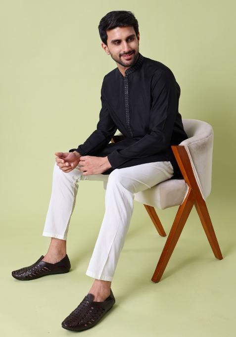 Black Solid Cotton Silk Kurta For Men
