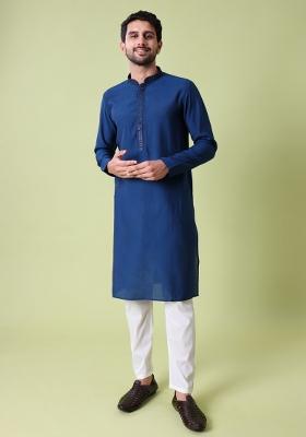 Navy Blue Solid Cotton Silk Kurta For Men